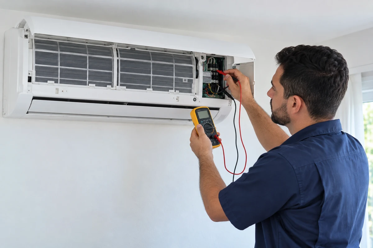 Técnico realizando diagnóstico de manutenção em um ar-condicionado split de parede